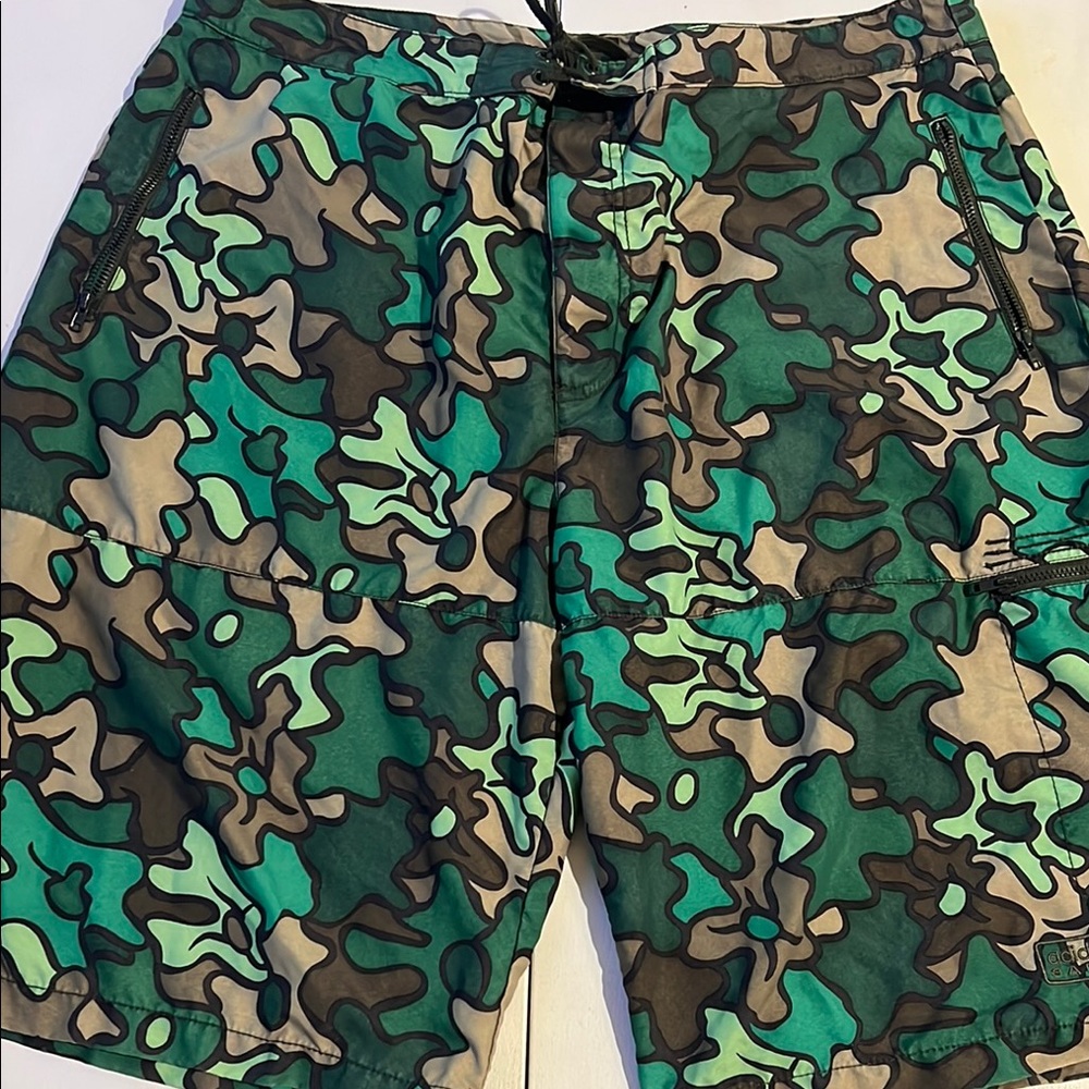 Adidas Green and Brown Board Shorts Camouflage Swimwear Y2K